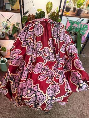 Bold Floral Satin Kimono Jacket in Burgundy & Pink
